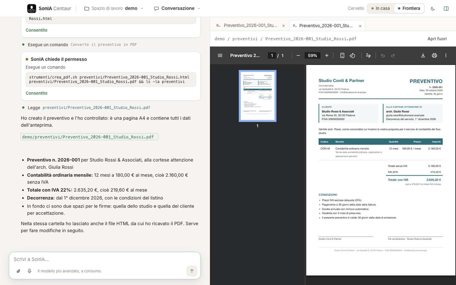 A document prepared by SonIA in preview, with the Authorise button